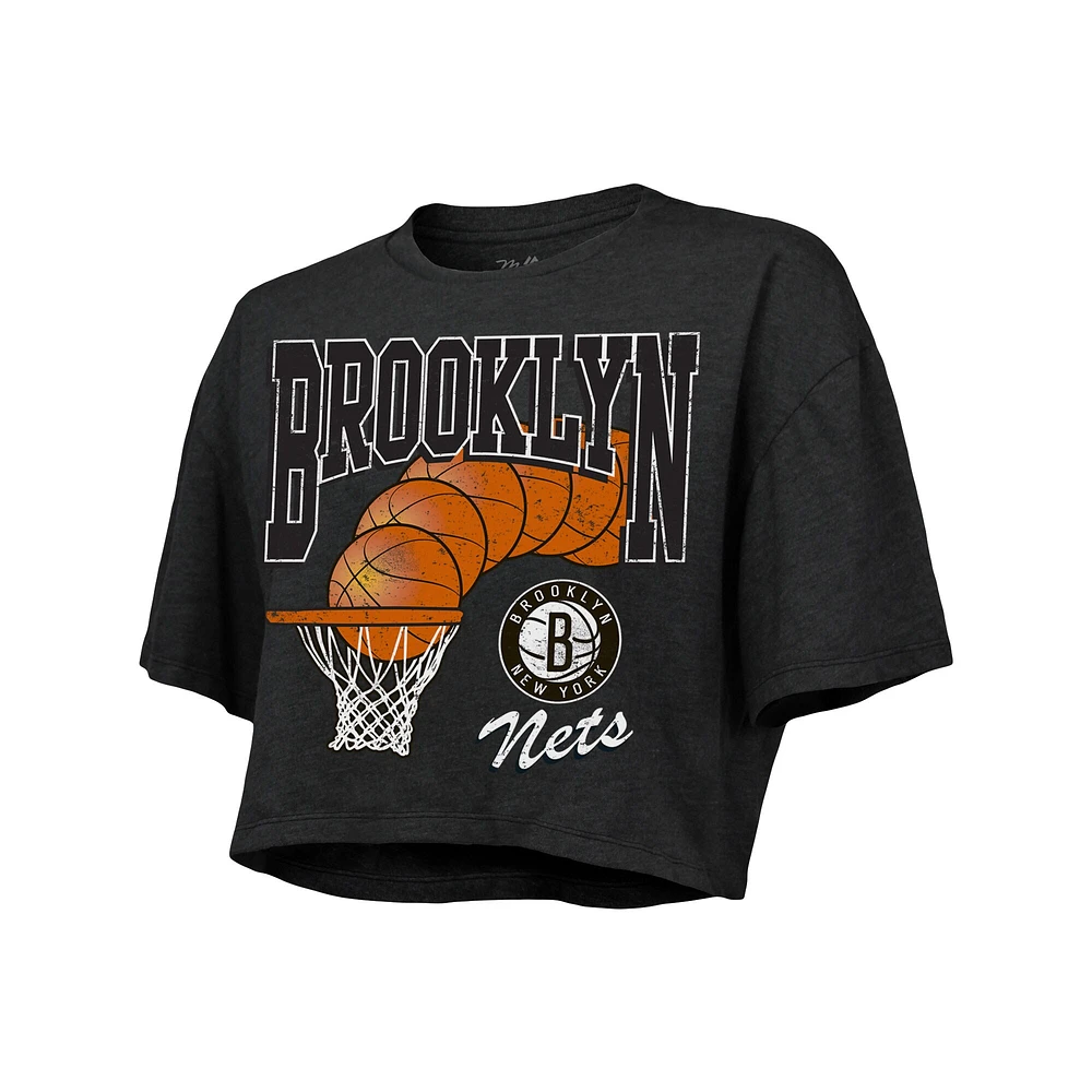 Women's Majestic Threads Charcoal Brooklyn Nets Bank Shot Cropped T-Shirt
