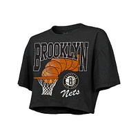 Women's Majestic Threads Charcoal Brooklyn Nets Bank Shot Cropped T-Shirt