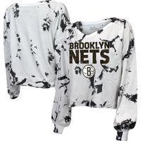 Women's Majestic Threads White/Black Brooklyn Nets Aquarius Tie-Dye Cropped V-Neck Long Sleeve T-Shirt