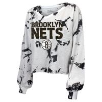 Women's Majestic Threads White/Black Brooklyn Nets Aquarius Tie-Dye Cropped V-Neck Long Sleeve T-Shirt