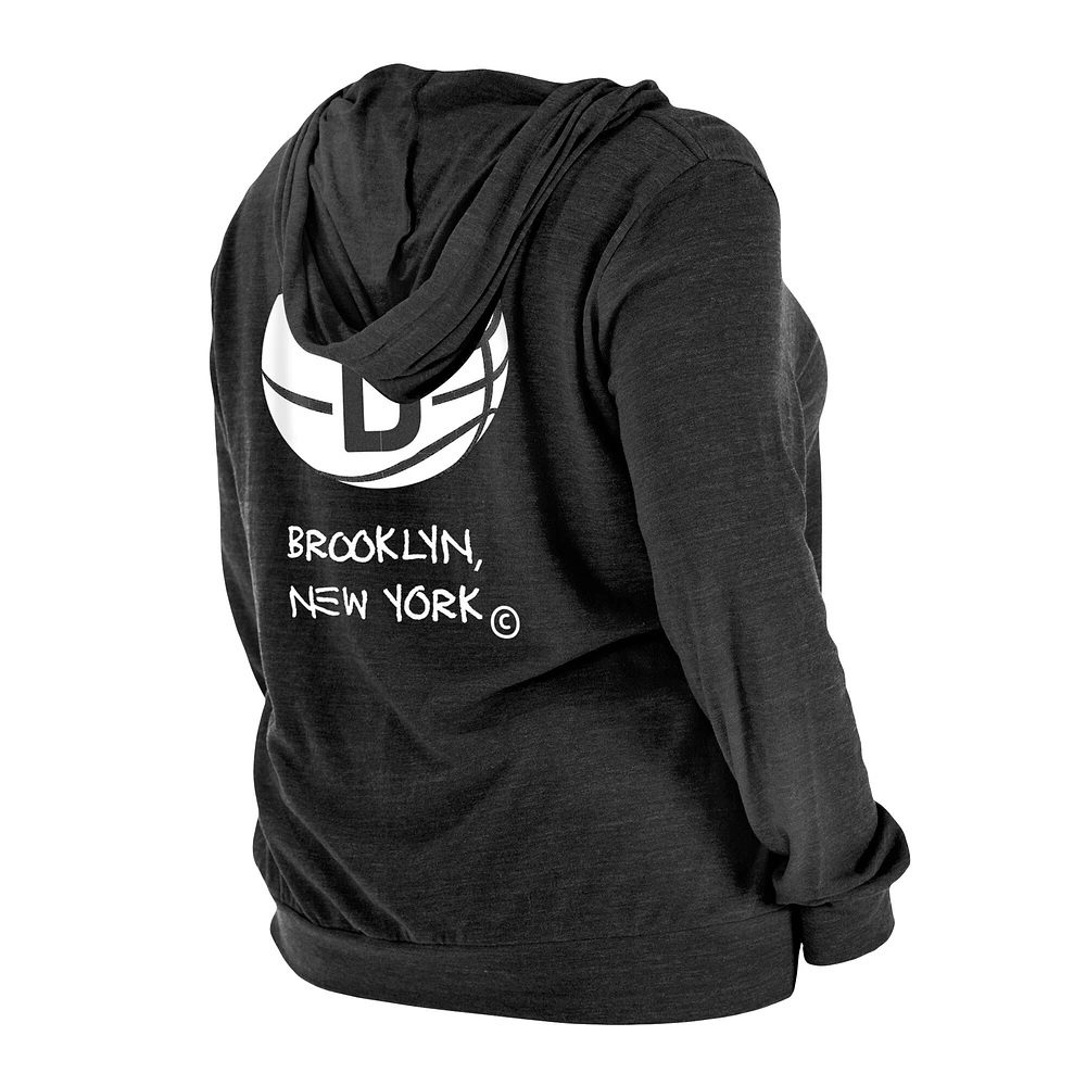 Women's New Era Heather Black Brooklyn Nets Plus 2022/23 City Edition Bi-Blend Long Sleeve Hoodie T-Shirt