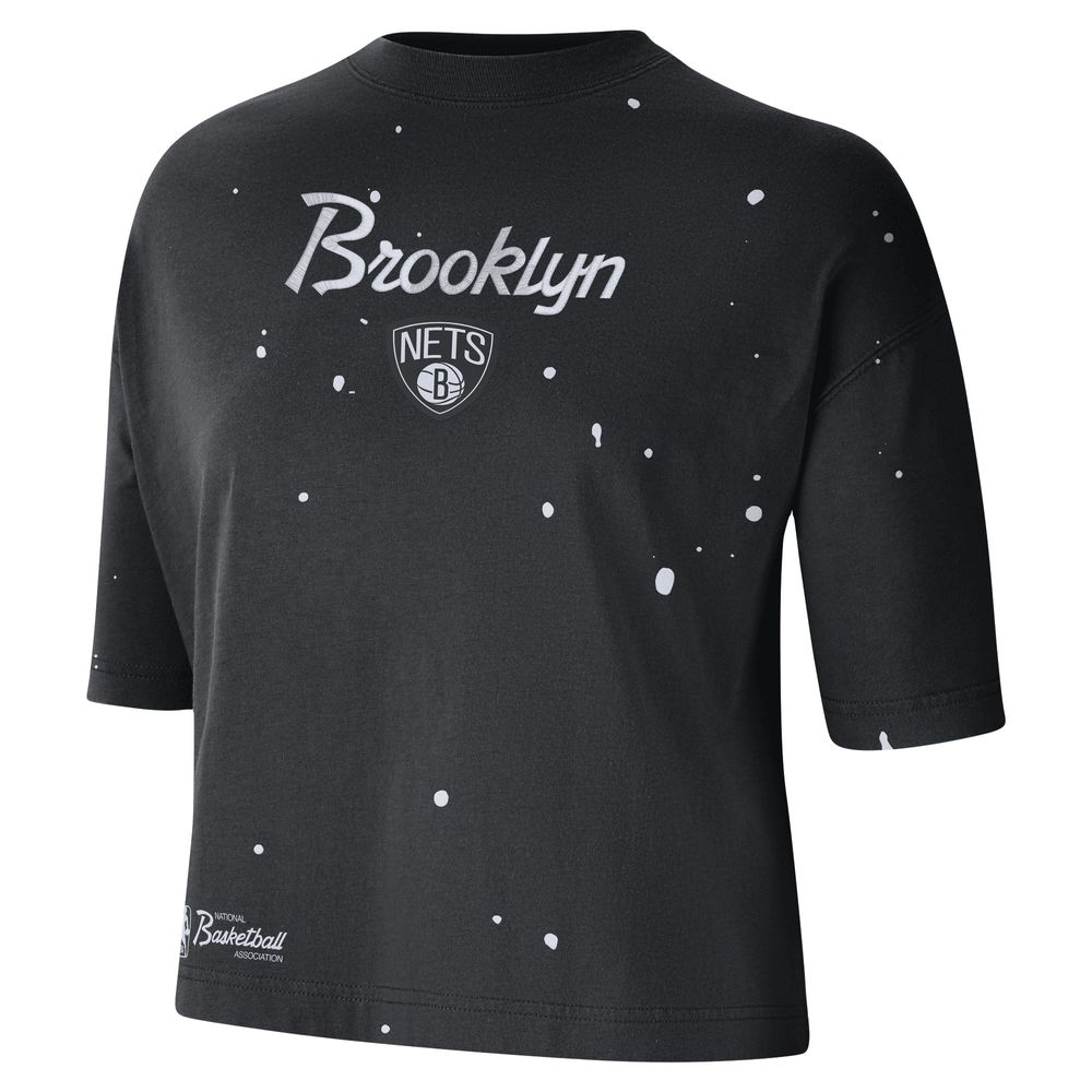 Women's Nike Black Brooklyn Nets Courtside Splatter Cropped T-Shirt