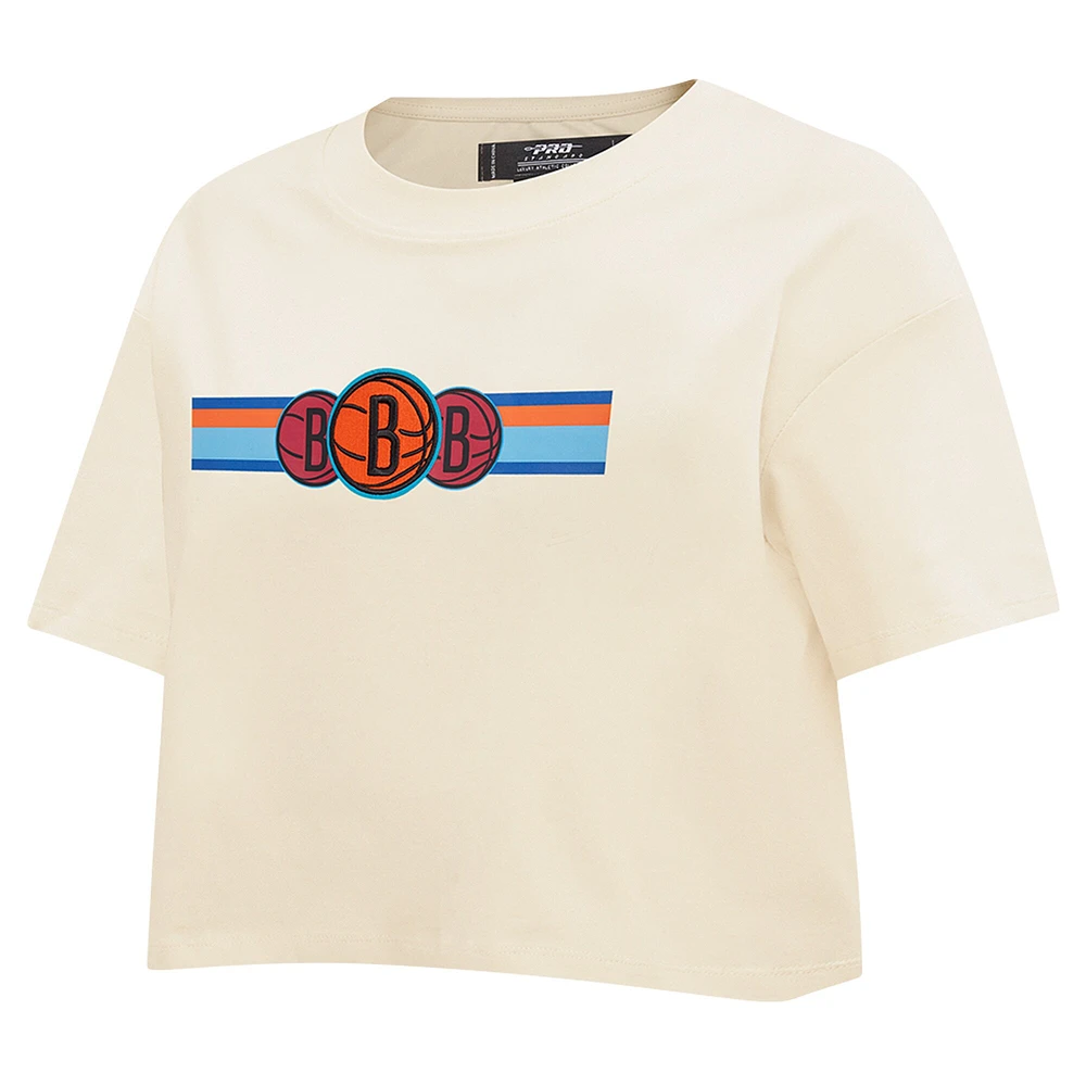 Women's Pro Standard Cream Brooklyn Nets Retro Striper SJ Cropped Boxy T-Shirt