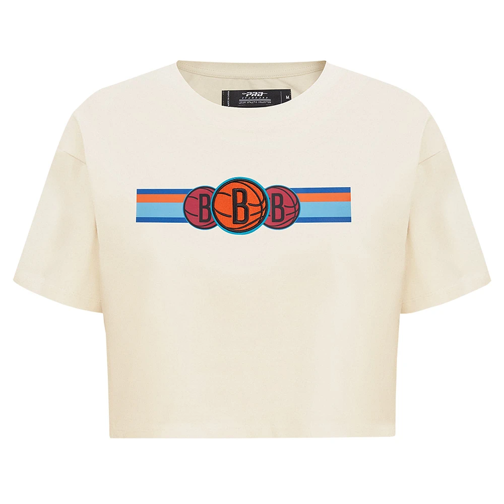 Women's Pro Standard Cream Brooklyn Nets Retro Striper SJ Cropped Boxy T-Shirt