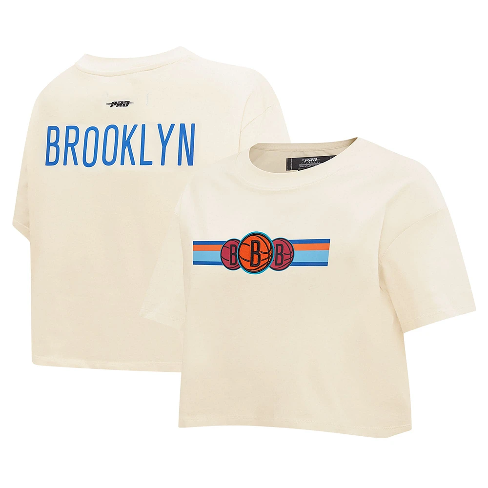 Women's Pro Standard Cream Brooklyn Nets Retro Striper SJ Cropped Boxy T-Shirt