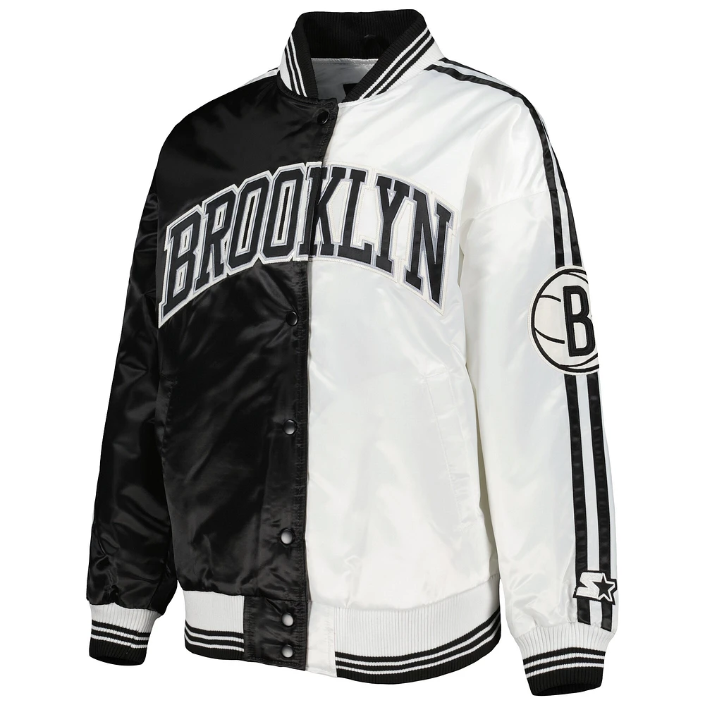 Veste universitaire Starter noire/blanche Brooklyn Nets Split Colorblock Satin Full-Snap Varsity pour femme