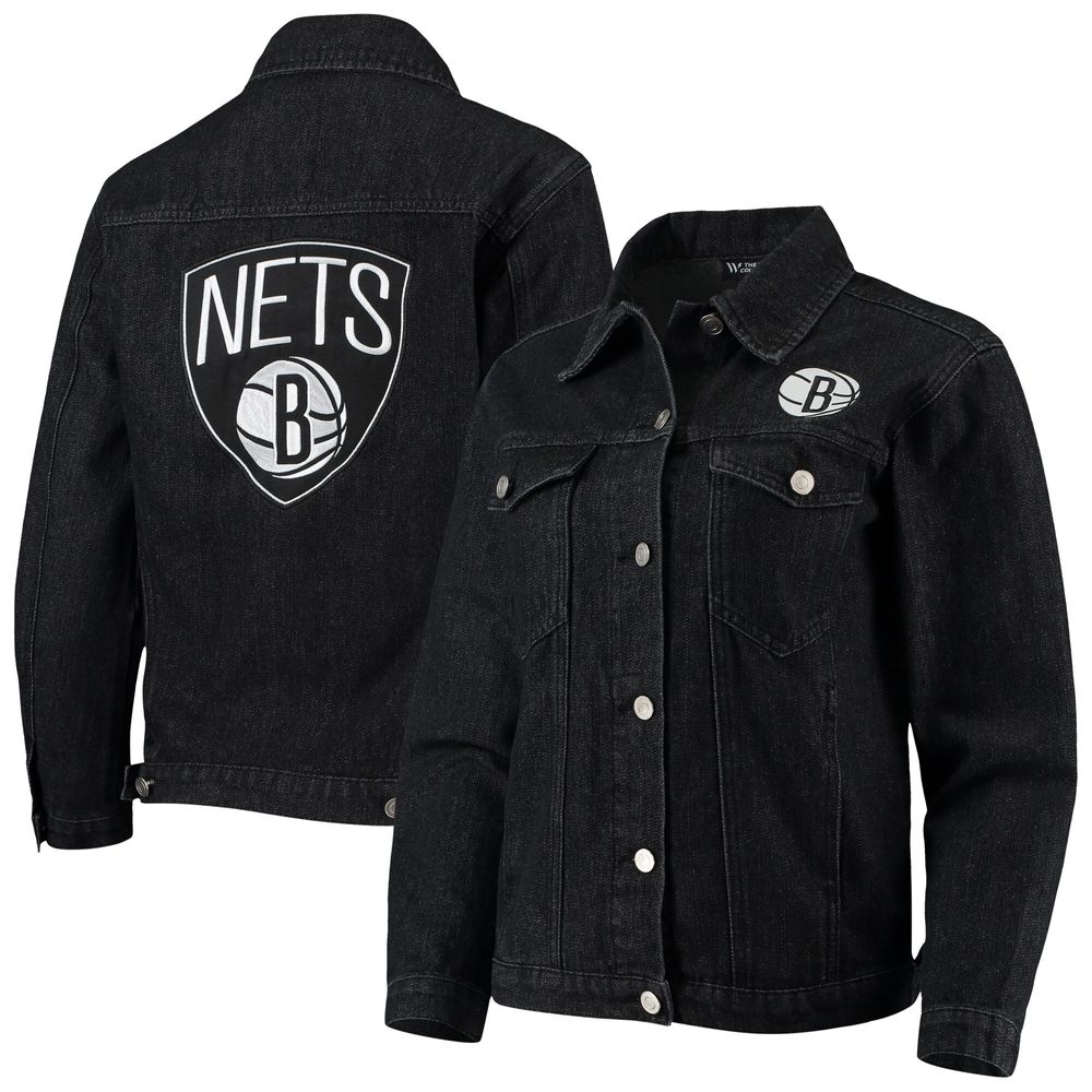 Women's The Wild Collective Black Brooklyn Nets Patch Denim Button-Up Jacket