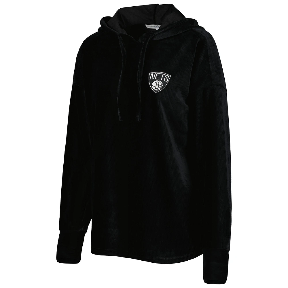 Women's Touch Black Brooklyn Nets End Line Velour Pullover Hoodie