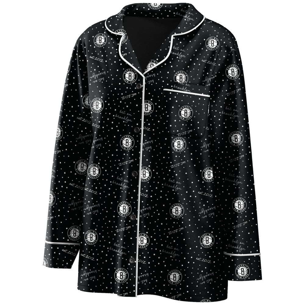 Women's WEAR by Erin Andrews Black Brooklyn Nets - Long Sleeve Button-Up Shirt & Pants Sleep Set