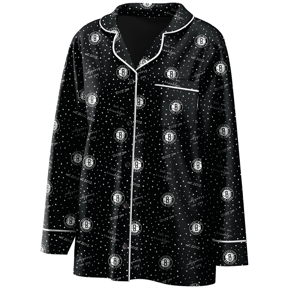 Women's WEAR by Erin Andrews Black Brooklyn Nets - Long Sleeve Button-Up Shirt & Pants Sleep Set