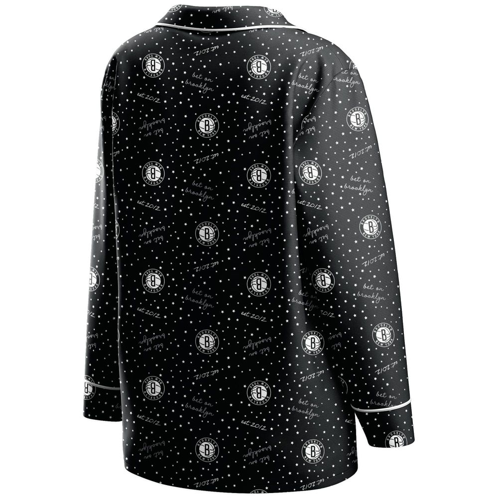 Women's WEAR by Erin Andrews Black Brooklyn Nets - Long Sleeve Button-Up Shirt & Pants Sleep Set