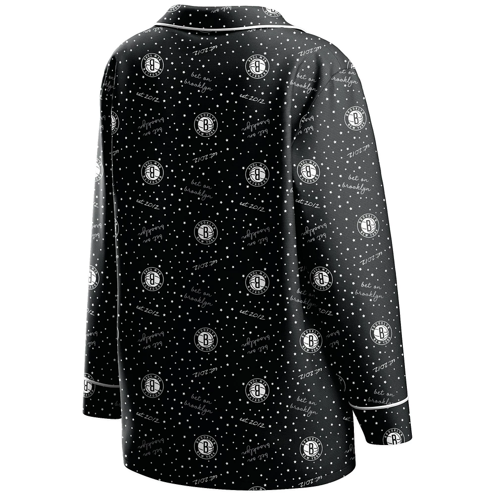 Women's WEAR by Erin Andrews Black Brooklyn Nets - Long Sleeve Button-Up Shirt & Pants Sleep Set