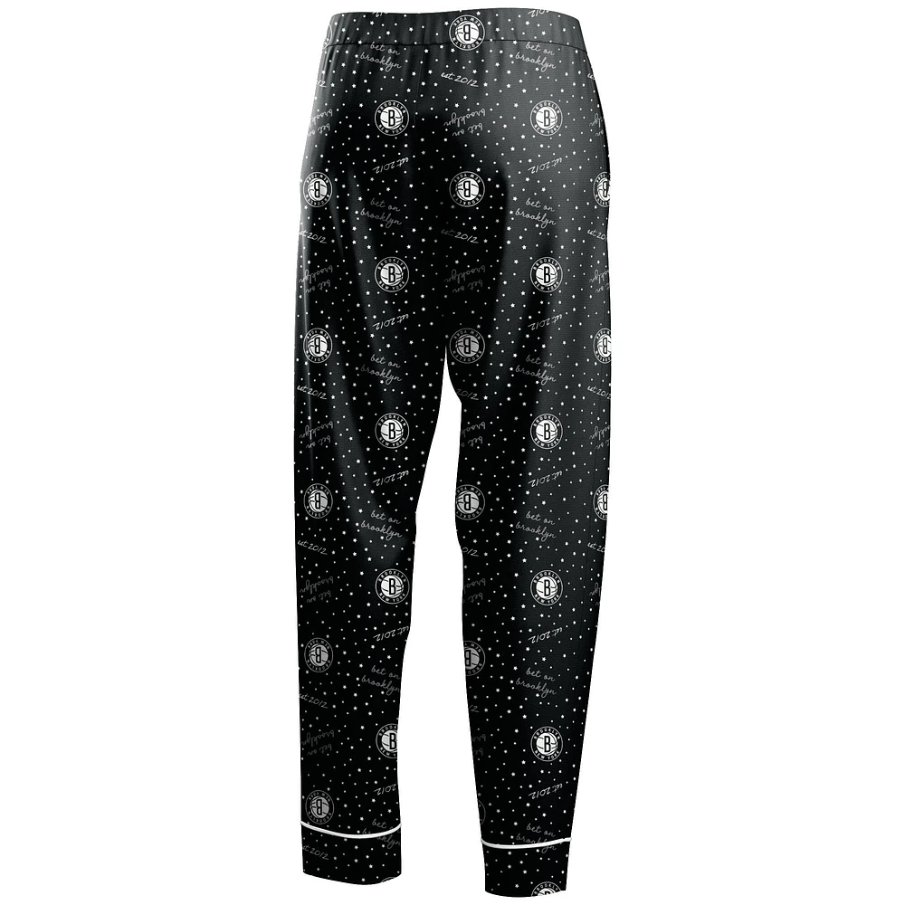 Women's WEAR by Erin Andrews Black Brooklyn Nets - Long Sleeve Button-Up Shirt & Pants Sleep Set