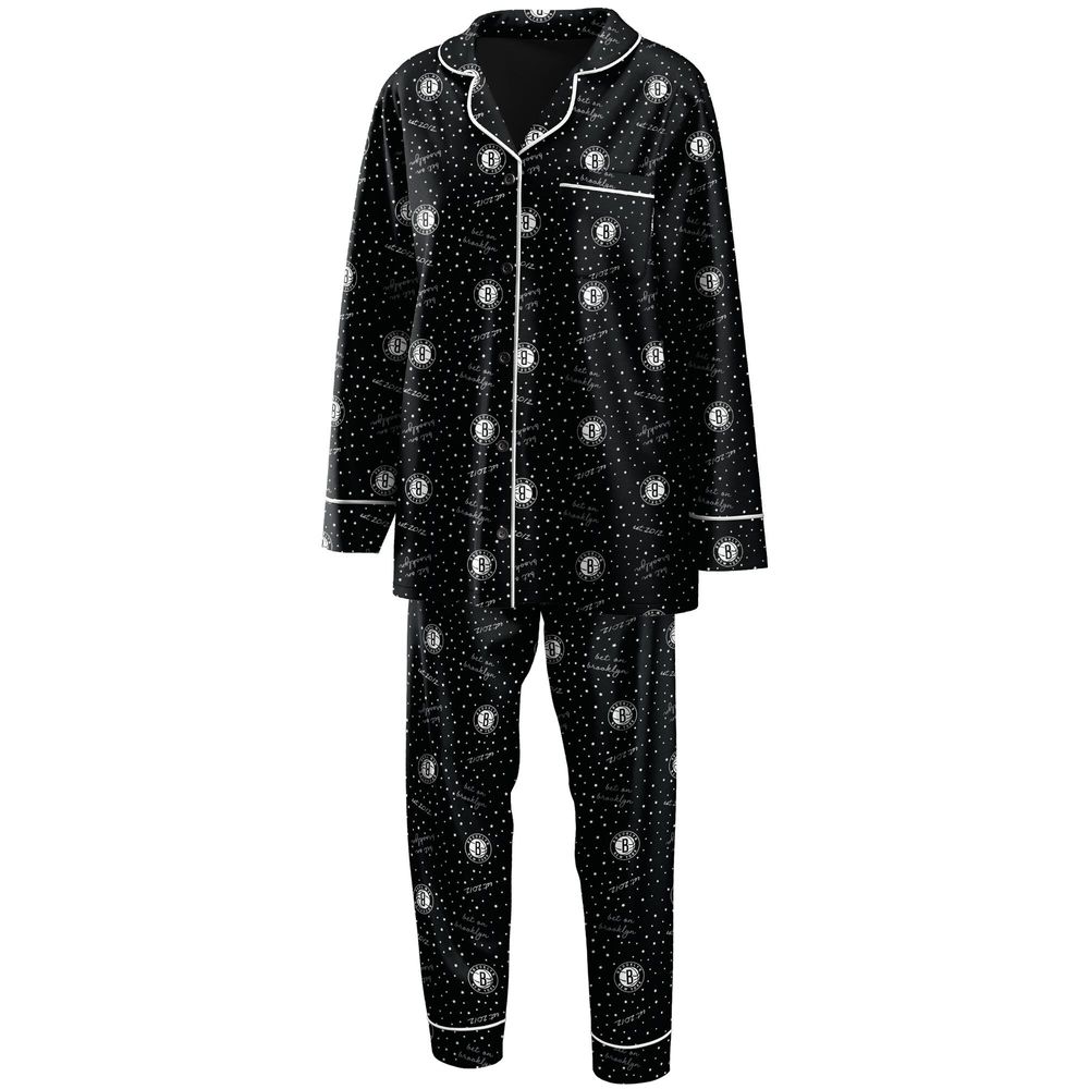Women's WEAR by Erin Andrews Black Brooklyn Nets - Long Sleeve Button-Up Shirt & Pants Sleep Set