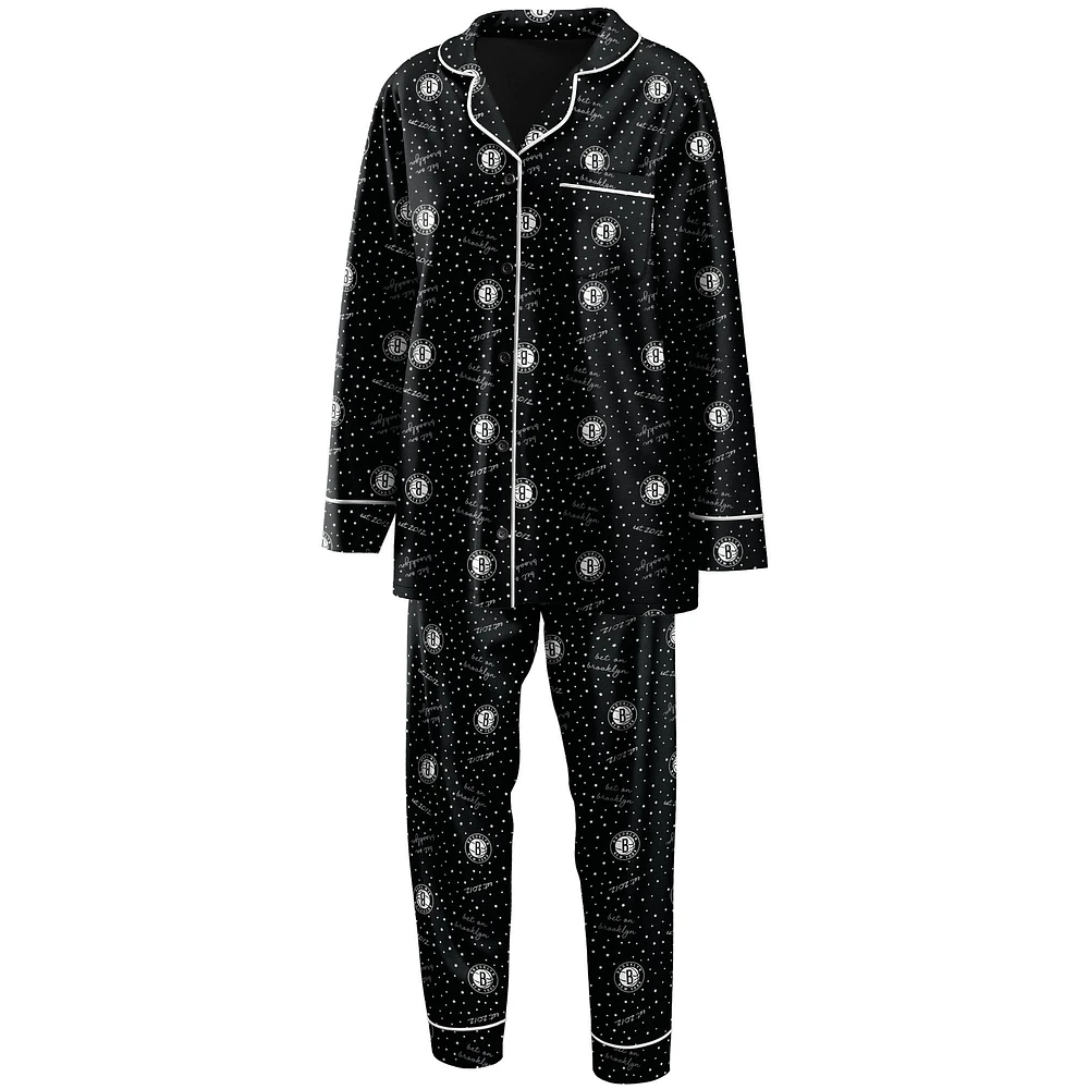 Women's WEAR by Erin Andrews Black Brooklyn Nets - Long Sleeve Button-Up Shirt & Pants Sleep Set