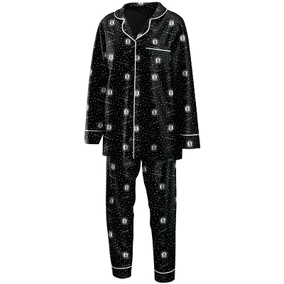 Women's WEAR by Erin Andrews Black Brooklyn Nets - Long Sleeve Button-Up Shirt & Pants Sleep Set