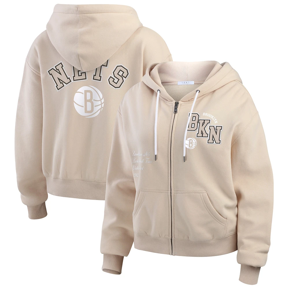 Women's WEAR by Erin Andrews Tan Brooklyn Nets Tonal Felt Patch Full-Zip Hoodie