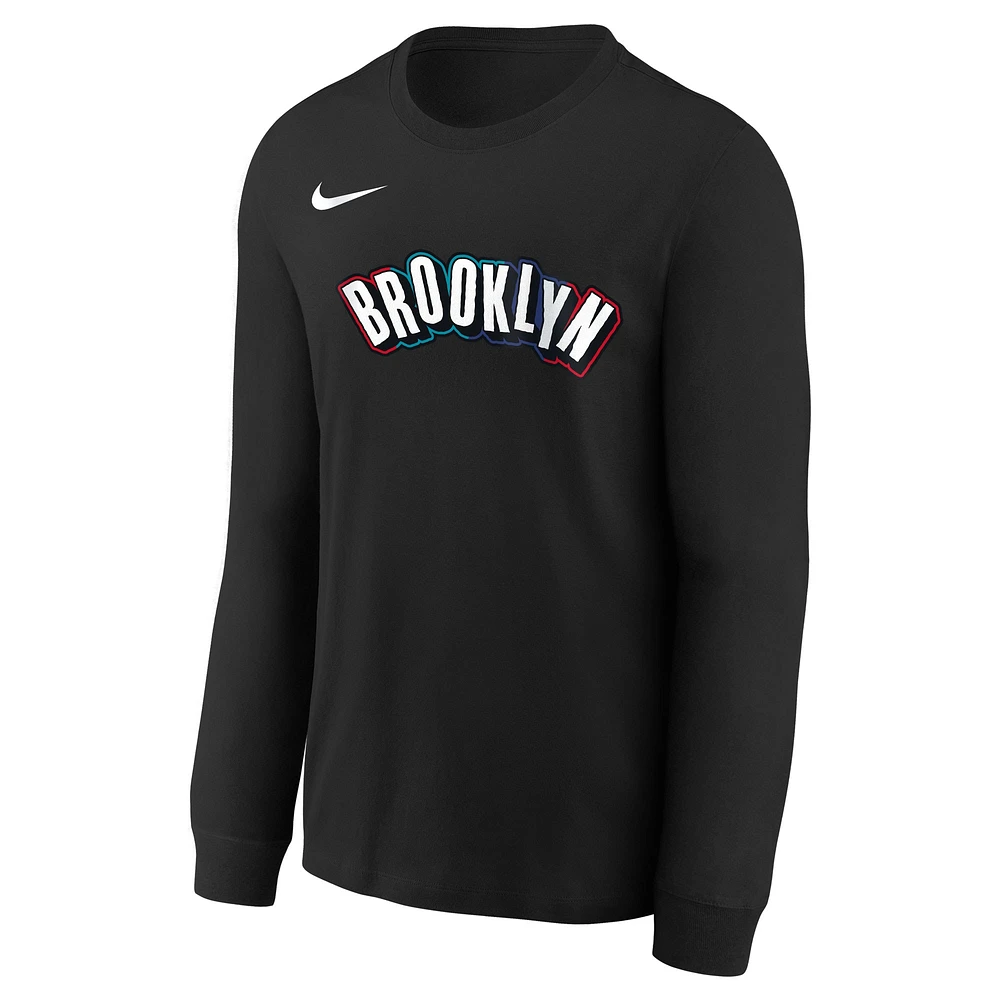 Youth Nike  Black Brooklyn Nets 2024/25 City Edition Wordmark Performance Long Sleeve T-Shirt