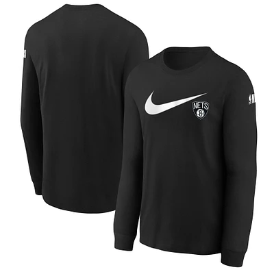 T-shirt à manches longues Nike noir Brooklyn Nets Swoosh pour jeune