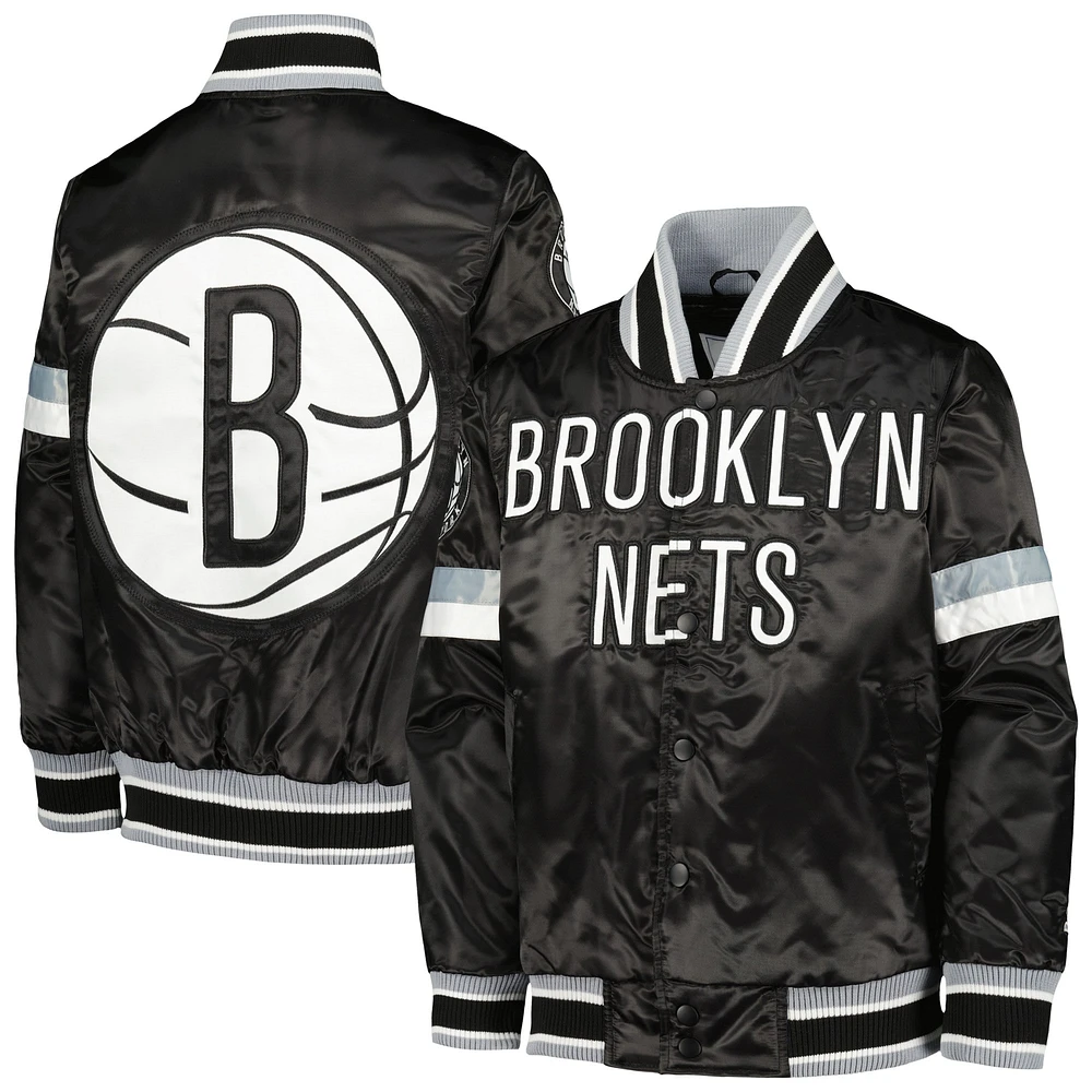 Veste universitaire noire à boutons-pression en satin pour jeunes Starters Brooklyn Nets Home Game