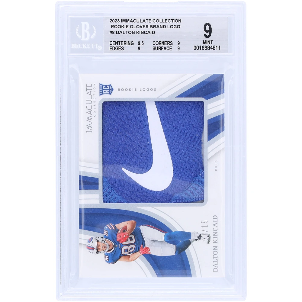 Carte recrue authentifiée 9 BGS de la collection Panini Immaculate 2023 des Buffalo Bills de Dalton Kincaid avec logo Nike Swoosh Relic #RL-DKI #13/15 - Sous-grades 9.5,9,9,9