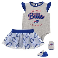 Girls Infant Heather Grey/Royal Buffalo Bills Ensemble trois pièces avec body, jupe et chaussons