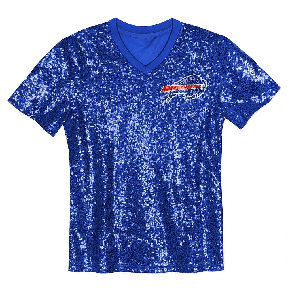 Maillot à paillettes col en V pour jeunes filles Josh Allen Royal Buffalo Bills