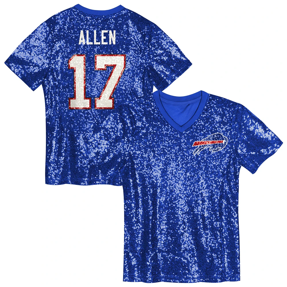 Maillot à paillettes col en V pour jeunes filles Josh Allen Royal Buffalo Bills