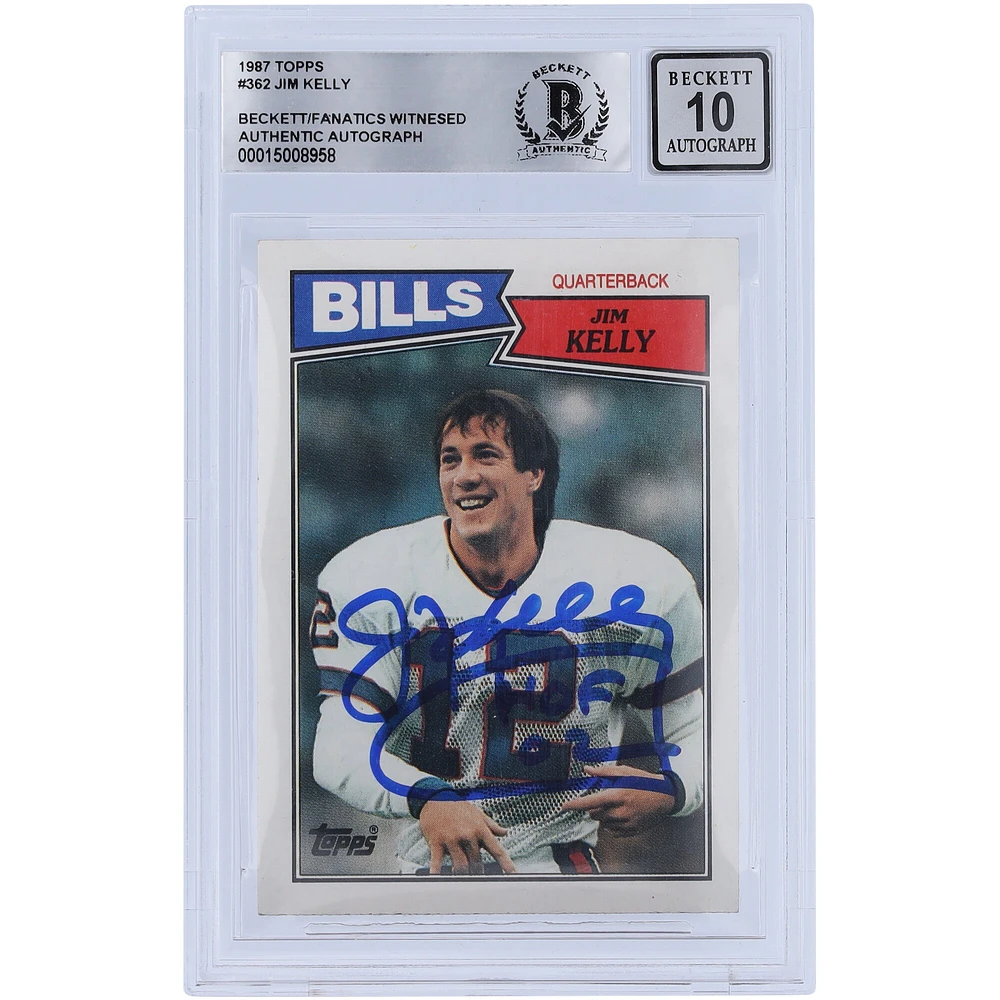 Jim Kelly Buffalo Bills Carte de recrue autographiée Topps #362 Beckett de 1987 avec inscription « HOF 02 » et témoin des fanatiques