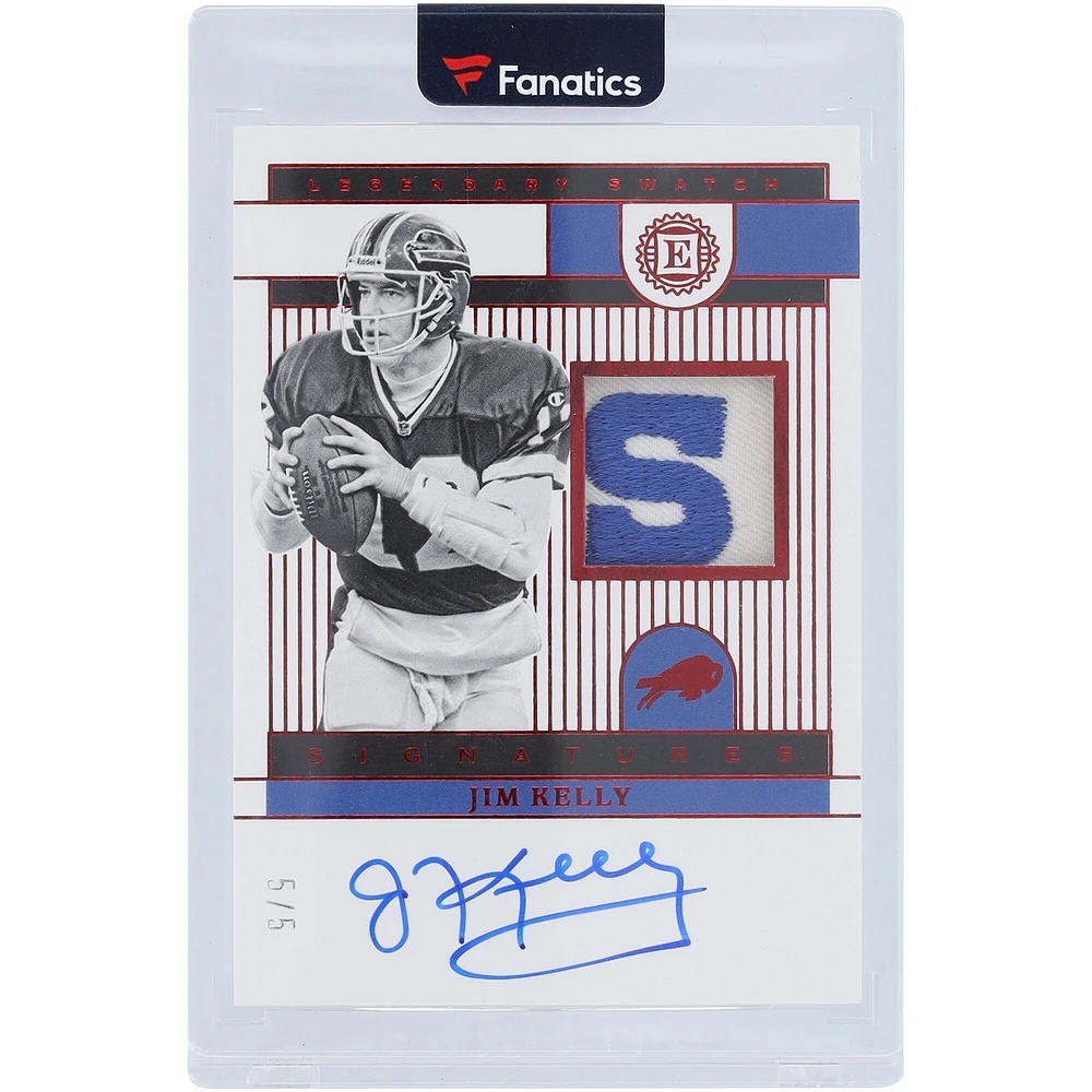 Carte Panini 2022 signée Jim Kelly Buffalo Bills, carte légendaire Ruby, relique bicolore « S » #LSS-JK #5/5