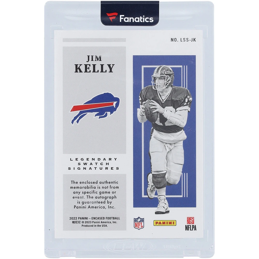 Carte Panini 2022 signée Jim Kelly Buffalo Bills, carte légendaire Ruby, relique bicolore « S » #LSS-JK #5/5
