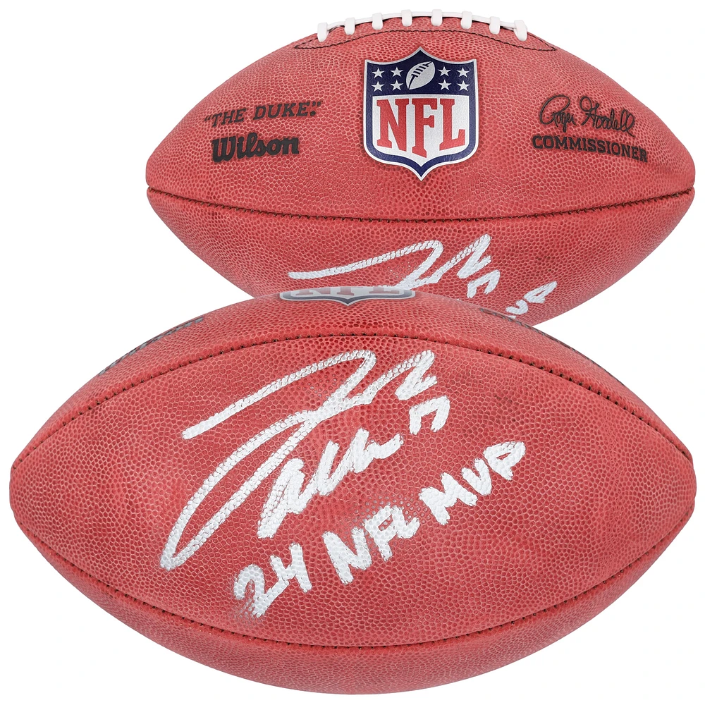 Ballon de football Wilson Duke dédicacé par Josh Allen, Buffalo Bills, en couleur, avec l'inscription « 24 NFL MVP »