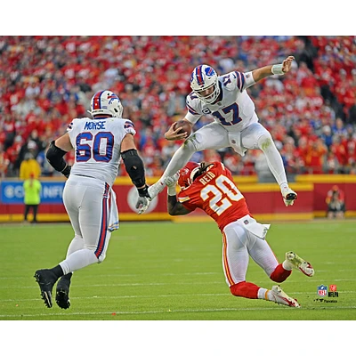 Josh Allen Buffalo Bills Unsigned Hurdles Over a Chiefs Defender Photograph
