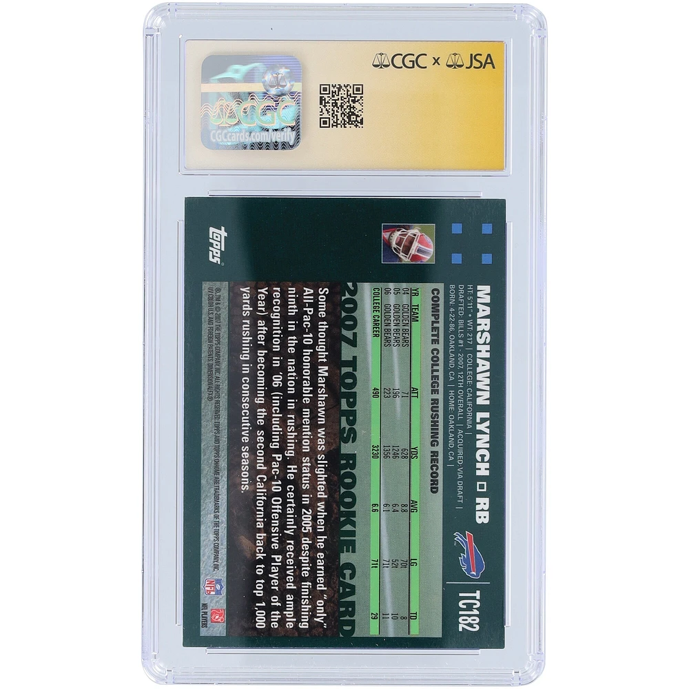 Carte de recrue autographiée 2007 Topps Chrome #TC182 de Marshawn Lynch Buffalo Bills, carte de recrue Auto 10 authentifiée par les fanatiques de CGC