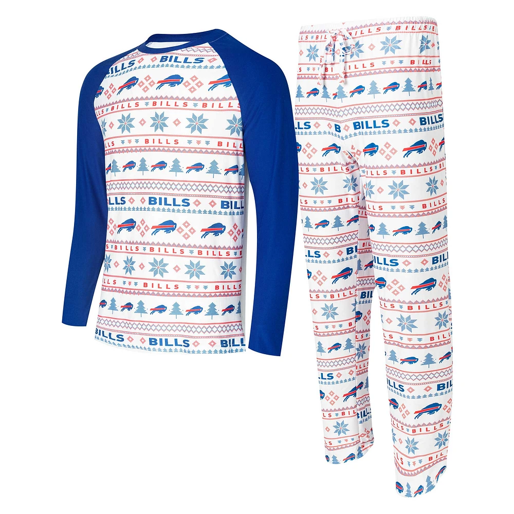 Ensemble de nuit Concepts Sport blanc/Royal Buffalo Bills Tinsel raglan pour hommes, t-shirt à manches longues et pantalon