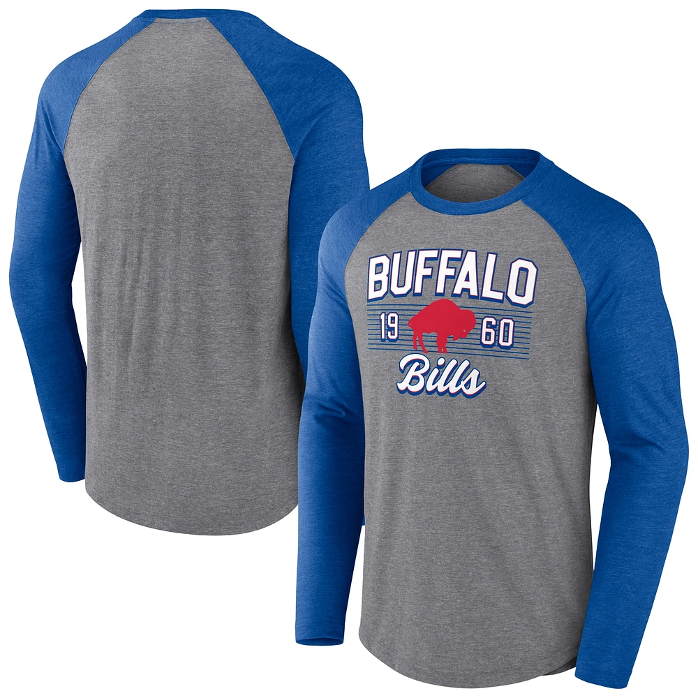 T-shirt à manches longues décontracté en mélange de trois raglans pour homme Fanatics Heather Grey/Heather Royal Buffalo Bills Weekend