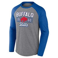 T-shirt à manches longues décontracté en mélange de trois raglans pour homme Fanatics Heather Grey/Heather Royal Buffalo Bills Weekend