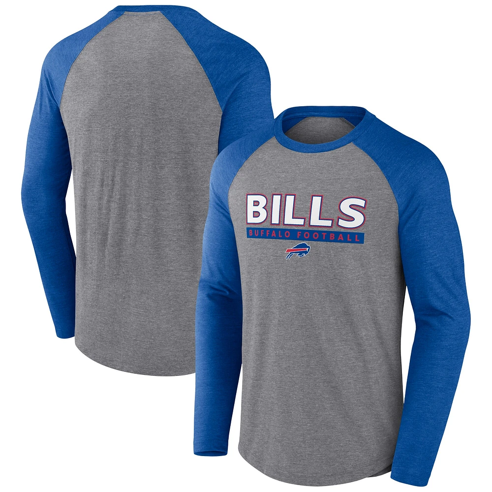 T-shirt à manches longues raglan tri-mélangé Fanatics gris chiné/Royal Buffalo Bills pour hommes