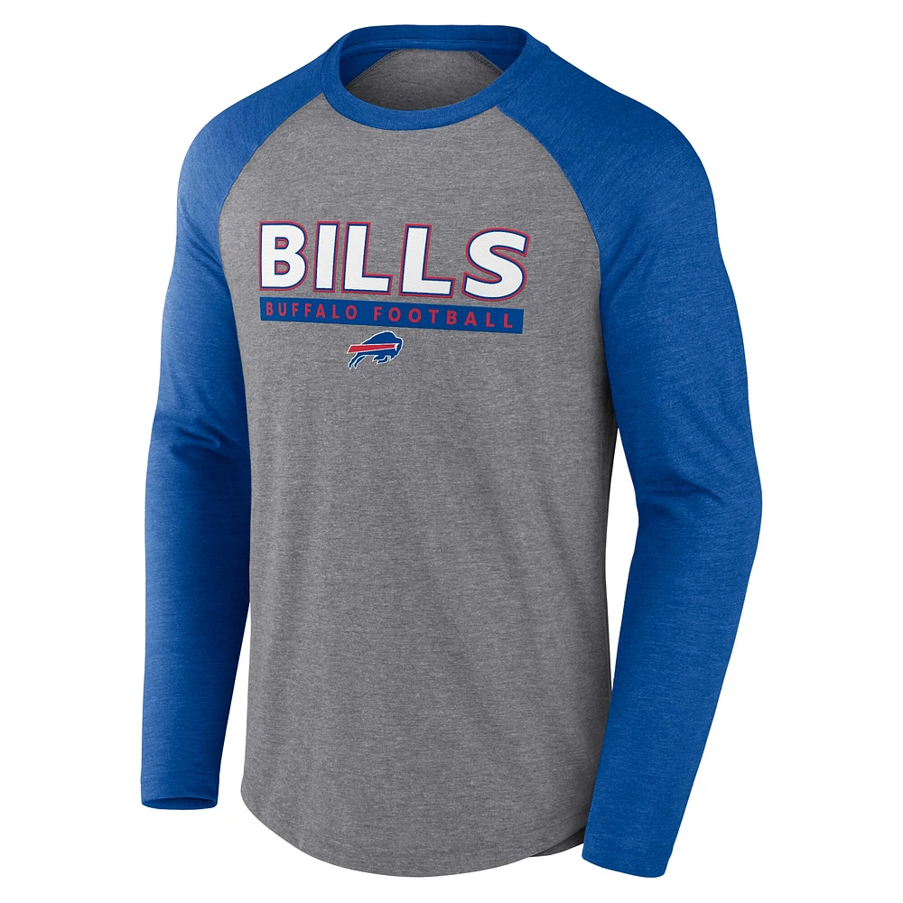 T-shirt à manches longues raglan tri-mélangé Fanatics gris chiné/Royal Buffalo Bills pour hommes