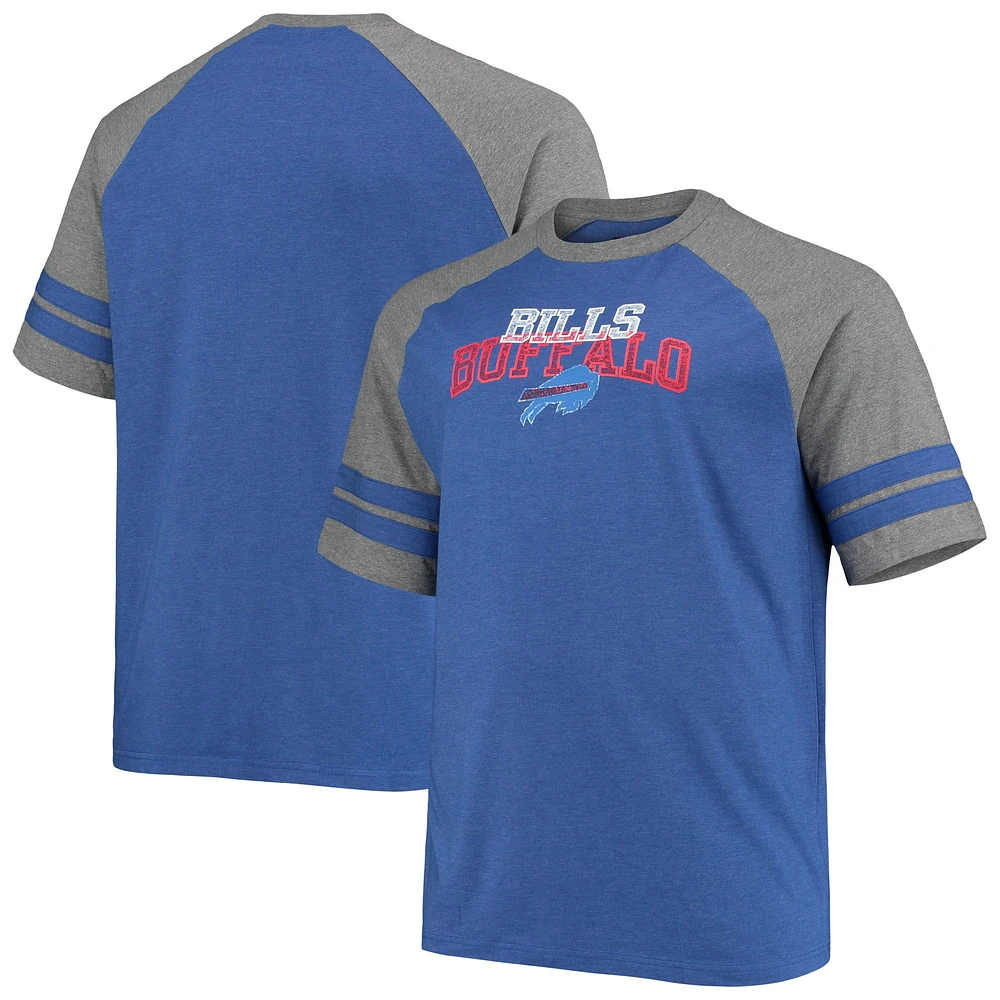 T-shirt raglan à trois mélanges deux bandes Fanatics pour hommes Royal/Heathered Grey Buffalo Bills Big & Tall