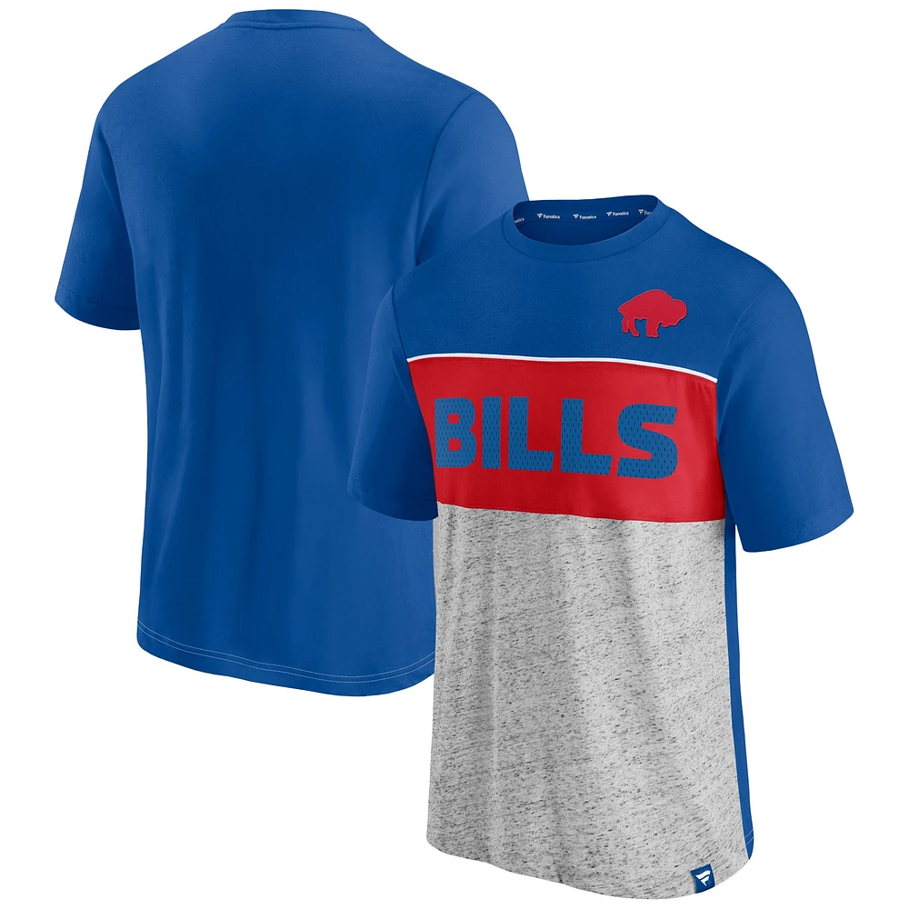 T-shirt à blocs de couleurs Buffalo Bills Throwback Fanatics Royal/Gris chiné pour hommes