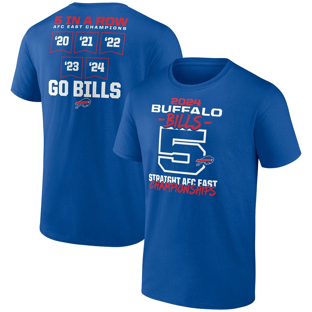 T-shirt Fanatics Royal Buffalo Bills pour hommes, cinq titres consécutifs de la division Est l'AFC, grande taille