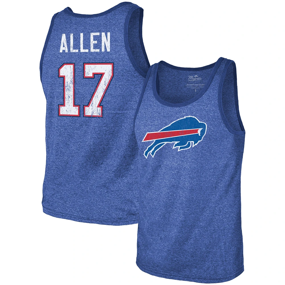 Débardeur tri-mélange avec nom et numéro Majestic Threads Josh Allen Royal Buffalo Bills pour hommes