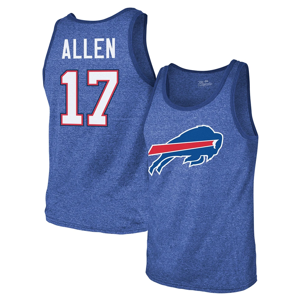 Débardeur à trois mélanges pour hommes Majestic Threads Josh Allen Royal Buffalo Bills Nom et numéro du joueur