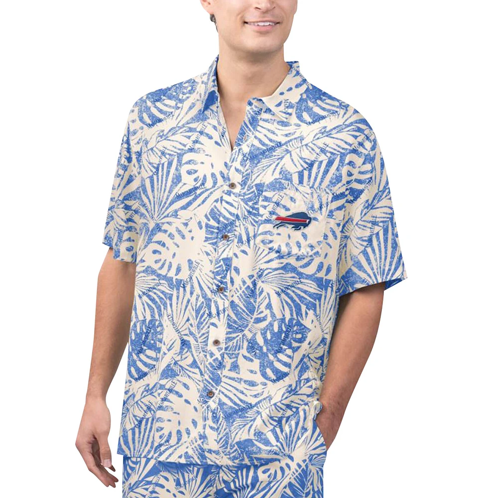 Chemise boutonnée de fête à imprimé Monstera délavée au sable Margaritaville Royal Buffalo Bills pour hommes