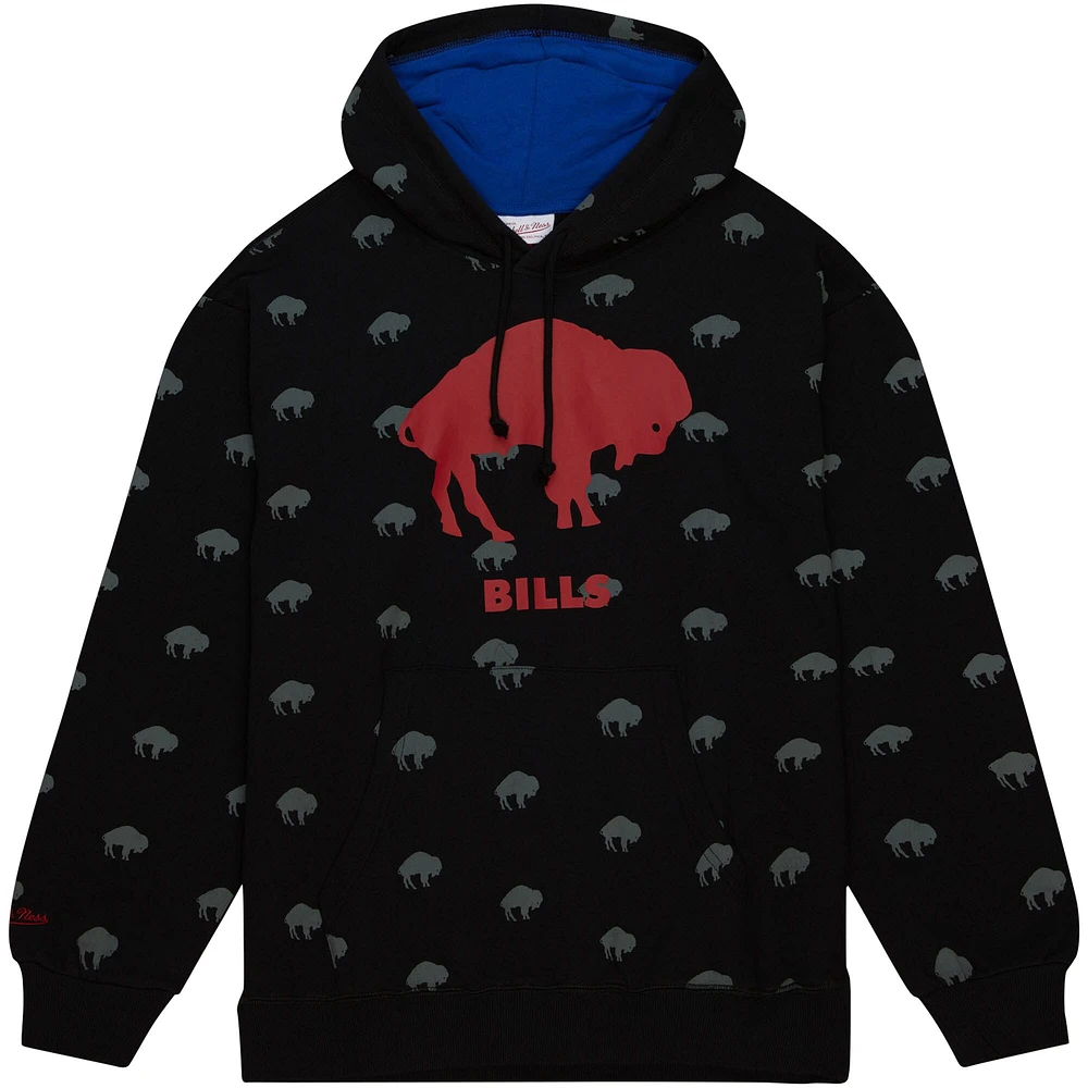 Men's Mitchell & Ness Black Buffalo Bills Allover Print Fleece Pullover Hoodie