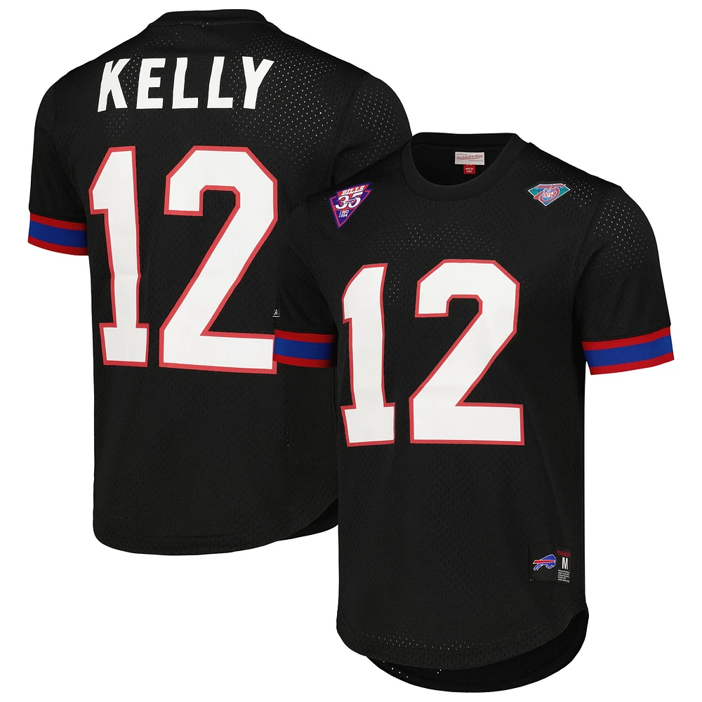 Haut en maille avec nom et numéro du joueur à la retraite Mitchell & Ness Jim Kelly noir Buffalo Bills pour homme