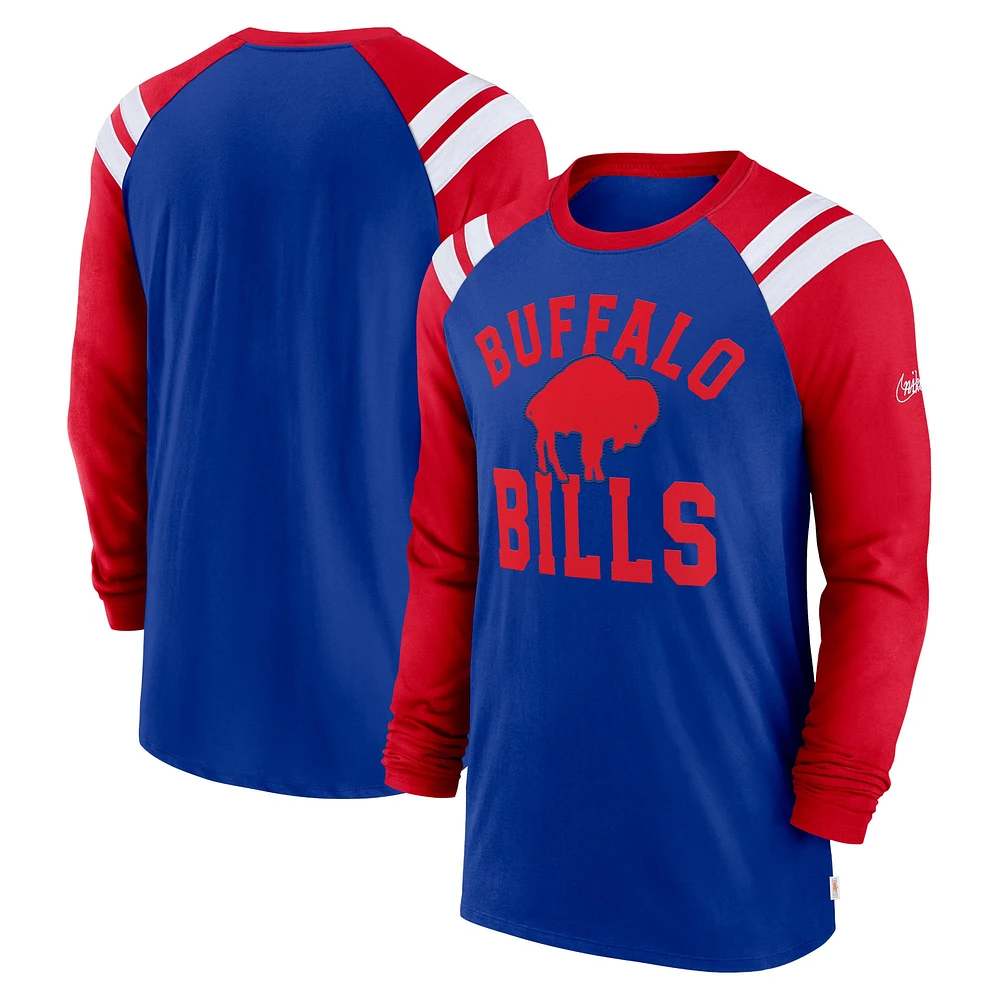 T-shirt Nike Royal/Rouge Buffalo Bills Classic Arc Raglan Tri-Blend à manches longues pour homme