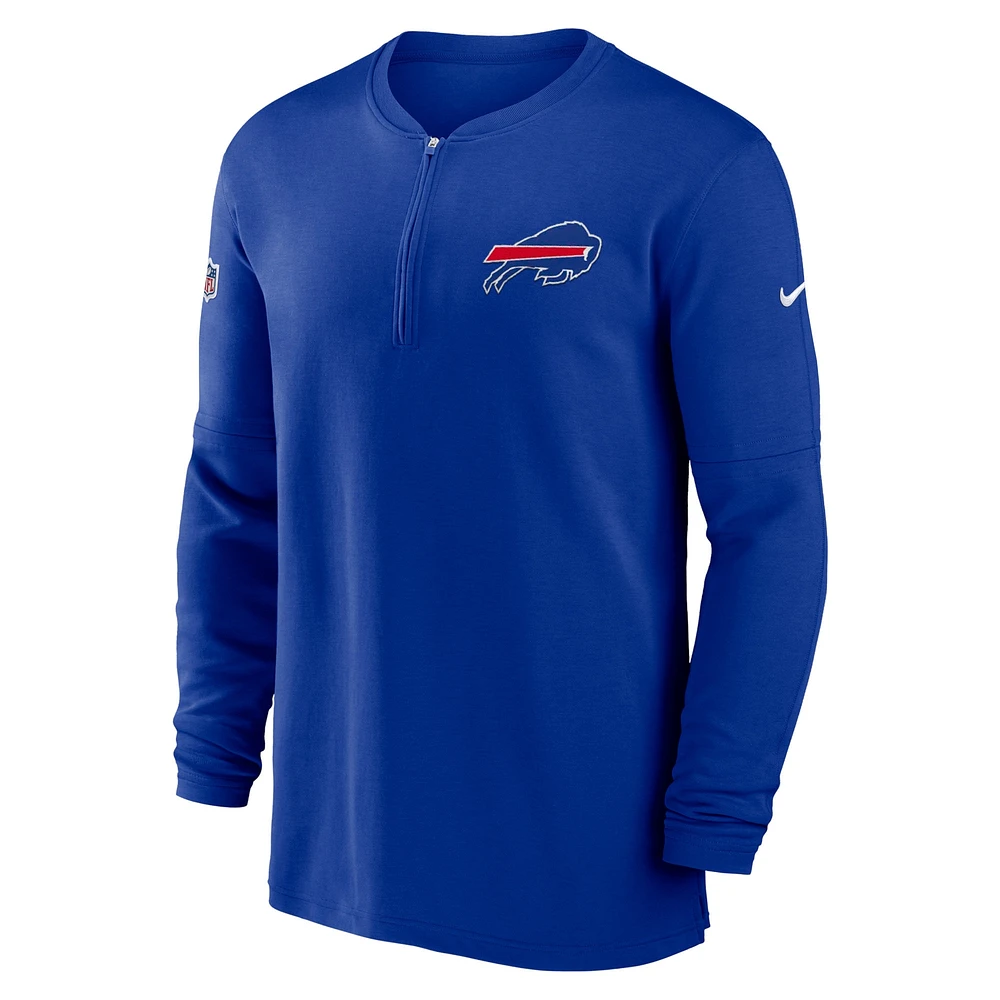 Haut Nike Royal Buffalo Bills 2023 Sideline Performance à manches longues et tri-mélange avec fermeture éclair quart pour homme