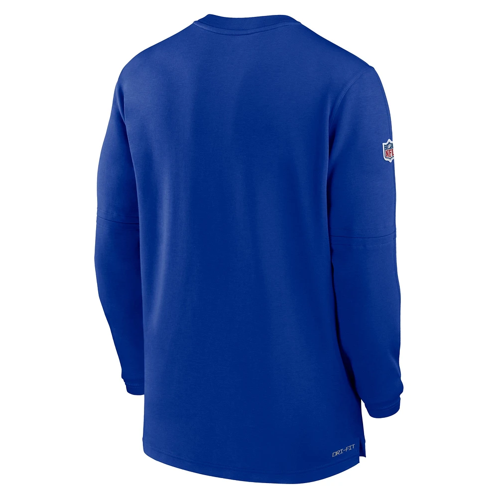 Haut Nike Royal Buffalo Bills 2023 Sideline Performance à manches longues et tri-mélange avec fermeture éclair quart pour homme